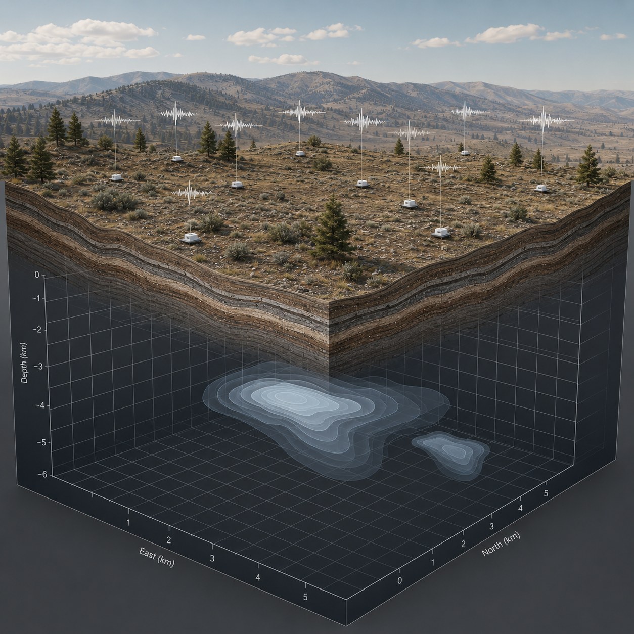 Three-dimensional earth cube showing a surface seismic array, layered geology, and interpreted subsurface anomalies in a gridded volume
